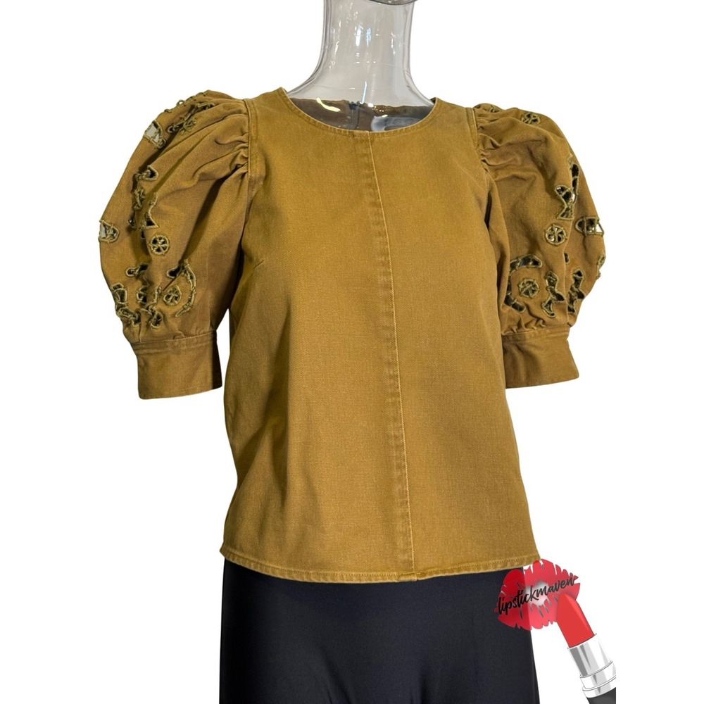 Sea New York Top Womens Small Green Puff Sleeve Boxy Canvas Fabric Designer